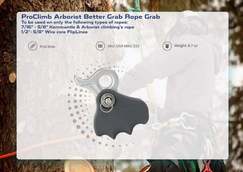 Arborist Rope Brake And Fall Arrestor With Rubberized Cover And Removable Cam Lock for rope sizes 7/16 to 5/8 inch, shown on tree.