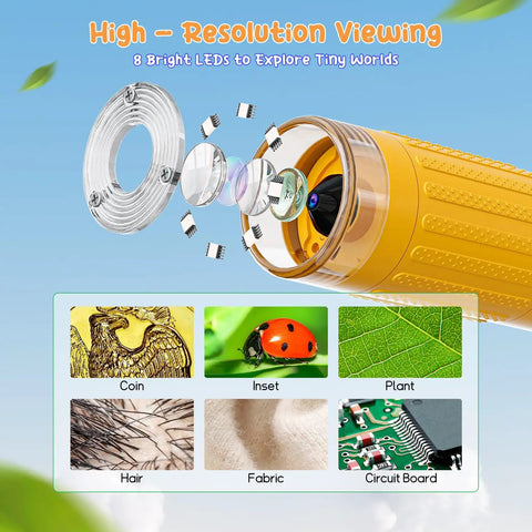 Kid Friendly Digital Microscope With 2 Inch HD Display And 1000X Zoom Handheld Pocket Scope For Science Discovery Totally Fun Educational Toy Gift For Ages 4 To 12 Boys And Girls Easy To Use Ultra Portable, yellow body with 8 LEDs
