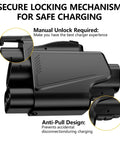 Nacs To Ccs Adapter For Electric Vehicles Providing Zero Stress Plug And Go Supercharger Access With Badass Build Quality And Reliable 500 Amp Dc Fast Charging. Close-up of secure locking mechanism with manual unlock and anti-pull design.
