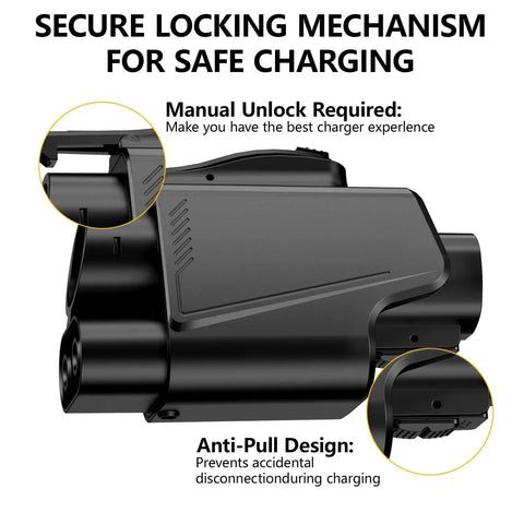 Nacs To Ccs Adapter For Electric Vehicles Providing Zero Stress Plug And Go Supercharger Access With Badass Build Quality And Reliable 500 Amp Dc Fast Charging. Close-up of secure locking mechanism with manual unlock and anti-pull design.