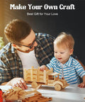 Wooden basswood toy truck being assembled by adult and child at a table