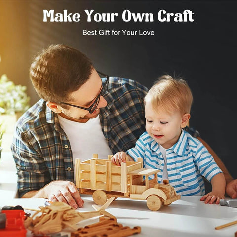 Wooden basswood toy truck being assembled by adult and child at a table