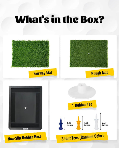 Contents of Dual Turf Golf Hitting Mat With Replaceable Surfaces And Tees, Indoor Outdoor Swing Trainer; mats, base, and tees shown.