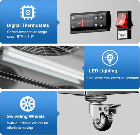 Heavy Duty Commercial Upright Freezer Two Door Stainless Steel Reach In Unit 36 Cubic Foot with digital thermostat and LED lighting.