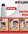 Top Tier 2 In 1 Cordless Electric Staple Gun And Brad Nailer Combo showing LED indicator and safety start design for easy use.