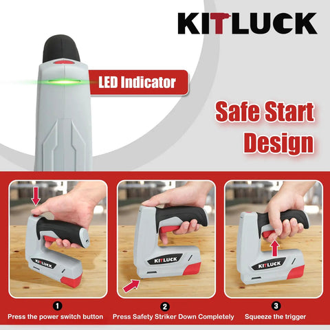 Top Tier 2 In 1 Cordless Electric Staple Gun And Brad Nailer Combo showing LED indicator and safety start design for easy use.
