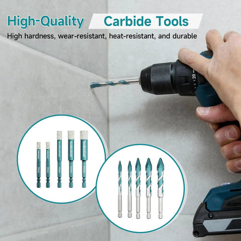 Person using Pro Grade Diamond Coated Drill Bits Set, 10 Piece Hex Shank Kit With Hole Saws And Drill Bits on ceramic tile wall.