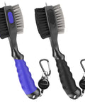 Two Pack Golf Club Brush With Oversized Head And Groove Cleaner, blue and black handles, retractable zipline and carabiners