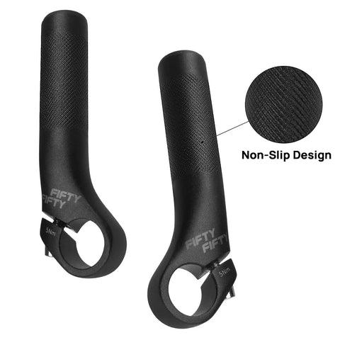 Black 110mm Aluminum Mountain Bike Bar Ends For MTB Handlebar, 6061 T6 Alloy, Ergonomic Bend With Sand Finish, non-slip design.