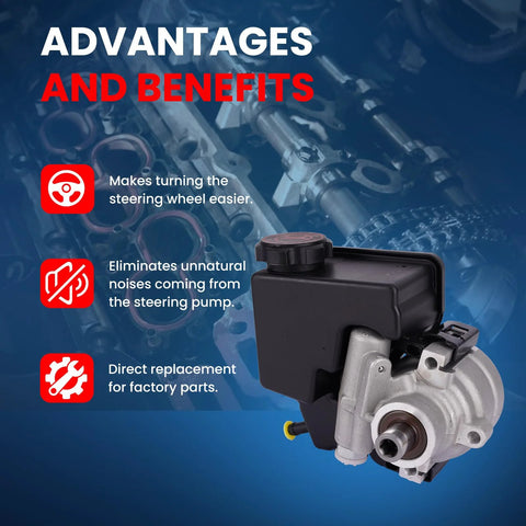 Power Steering Pump For 3.8L V6 Cars Fits Buick Regal 1996 To 2004 Chevy Monte Carlo 1998 To 2003 Oldsmobile Intrigue 1998 To 1999 Pontiac Grand Prix 1997 To 2003 Low Noise Vibration Reduced Smooth Steering with advantages and benefits text in background