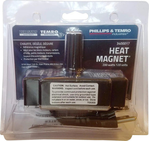 Magnetic Engine Block And Oil Pan Heater With Built In Thermostat 200 Watt Heat Magnet in packaging for easy installation.