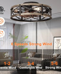 Badass Modern Farmhouse Caged Ceiling Fan With Slick Remote Flush Mount Build Featuring Four E26 Socket Lights Six Hella Smooth Speeds Reversible Airflow And Easy Timer in a stylish indoor setup.