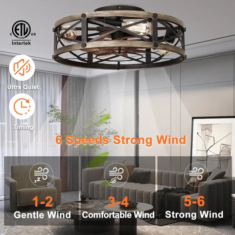 Badass Modern Farmhouse Caged Ceiling Fan With Slick Remote Flush Mount Build Featuring Four E26 Socket Lights Six Hella Smooth Speeds Reversible Airflow And Easy Timer in a stylish indoor setup.