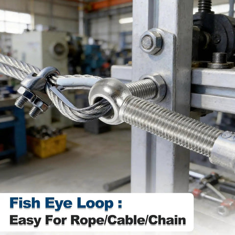 Heavy Duty Swivel Lifting Eye Bolts, Built Tough M6 X 25mm 304 Stainless Steel Rigging Hardware, close-up of fish eye loop for cable installation.