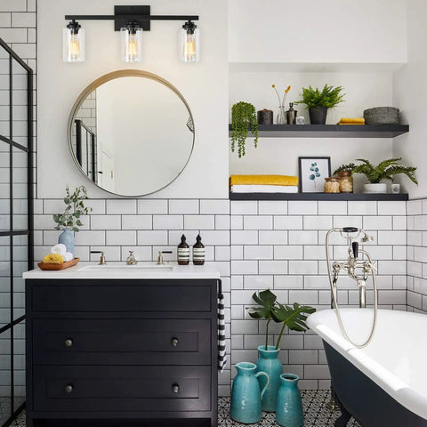 Bathroom with Black 3 Light Vanity Wall Sconce With Clear Glass Shades Vintage Industrial Vibe Over Mirror Lighting.