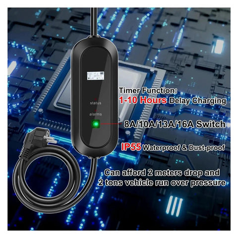 Portable Level 2 EV Charger With 16A 3.5kW Adjustable Current Type 2 Connector, black casing, coiled cable, IP67 weatherproof.