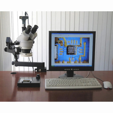 Trinocular Stereo Zoom Microscope With Articulating Arm And Long Working Distance WH10x Eyepieces Adjustable Interpupillary Distance on desk
