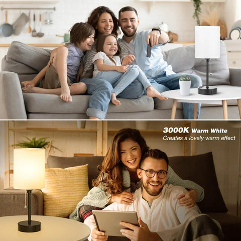 Bedside Table Lamp With 3 Color Temperatures And USB C And USB A Ports, Pull Chain, Built In AC Outlet, White Nightstand Light With Black Metal Base For Reading In Bed And Cozy Room Ambiance, showing warm light in cozy living room settings.