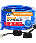 Blue 25 ft self-regulating heated drinking water hose for RVs with inline controller and 3/4 NH fittings.