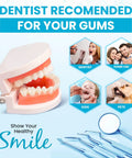 Collage with dental tools, model teeth, and recommended use for At Home Plaque Remover Kit With Stainless Steel Dental Tools.