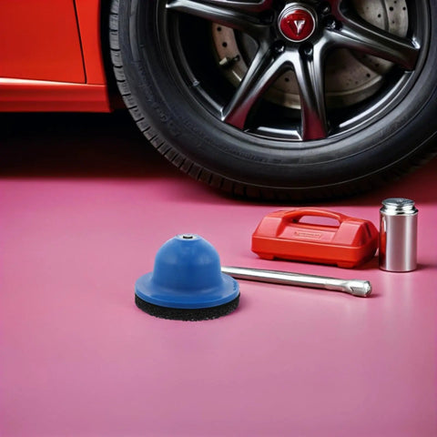 Heavy Duty Wire Brush Grinding Disc for polishing wheel hubs in car detailing, next to tools and a tire, designed for restoration.