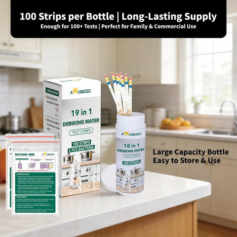 19 In 1 Water Quality Test Strips For Tap And Well Water Straight Up PH Hardness Chlorine Lead Nitrate Bacteria Testing Kit With 100 Heavy Duty Reagents Plus No Guesswork Readouts in a kitchen setting.