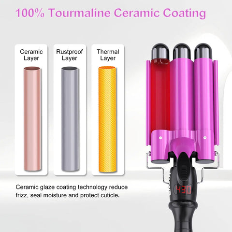 Triple Barrel 1 Inch Curling Iron For Beachy Waves Fast Heating Hair Crimper with layers of tourmaline ceramic coating.