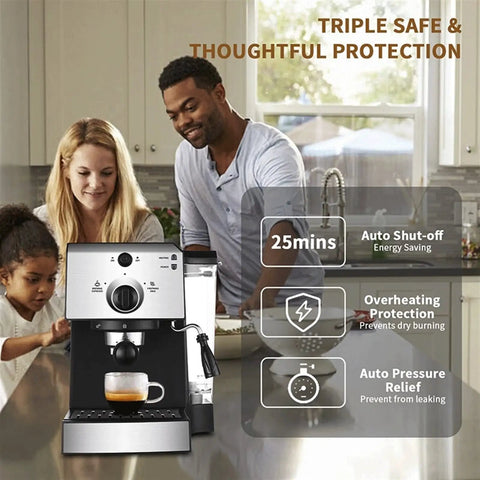 Pro Level Home Espresso Machine With Smooth Milk Frother Handle And Precision Pressure Dials For Effortless Daily Cappuccino and Bold Coffee Pulls, in a kitchen with family.
