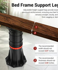 Heavy Duty Adjustable Bed Support Legs 4 Pack 8.4 To 13.5 Inches Holds 4400 Pounds Each showing adjustable leg under a wooden bed frame.