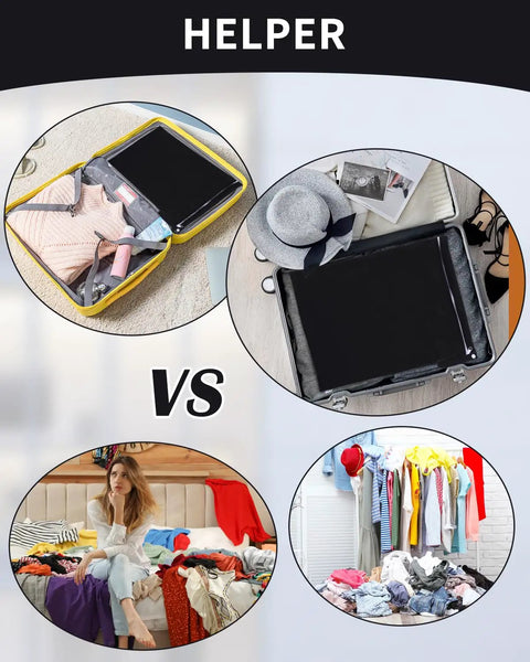 Comparison of Travel Laundry Bag Set 2 Pack usage for packing organized suitcase vs cluttered laundry pile on bed.