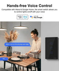 Woman using WiFi 2-Gang 1-Way Touch Smart Light Switch with 2.4 GHz network, works with Alexa and Google Home, in a dining room setup.