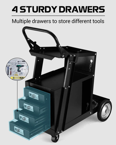 Heavy Duty Welding Cart Built To Haul Four Drawers On Wheels For Mig Welder Up To 220 Lbs Featuring Multiple Tool Drawers