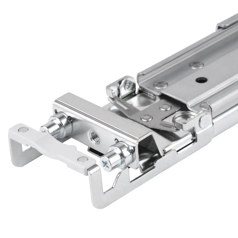 Close-up of No-Fuss Tool-Less Ball Bearing Sliding Rail Kit for Rackmount Chassis, metal construction, easy install feature visible