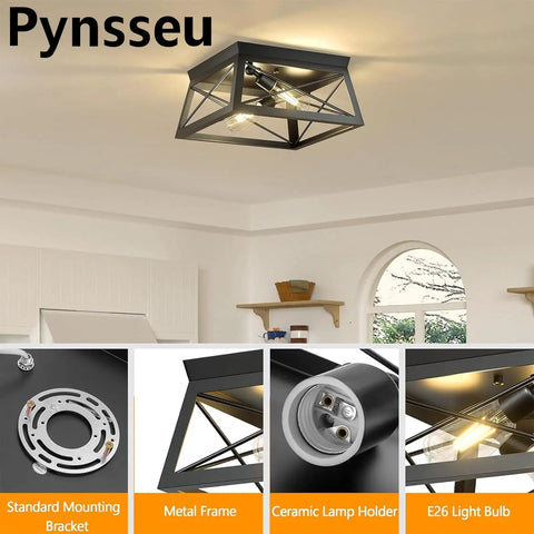 Industrial Ceiling Light Fixture 2 Light Farmhouse Semi Flush Mount Black Metal Cage With Faux Wood Finish Installed in Room