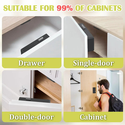 Smart Cabinet Lock With Multi Access Hidden RFID Keyless Bluetooth Lock shown installed in drawers and cabinets