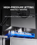 Pro No Frills Heavy Duty Commercial Dishwasher Freestanding Electric Hood Type Workhorse Stainless Steel Build, high-pressure jetting in action.
