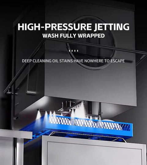 Pro No Frills Heavy Duty Commercial Dishwasher Freestanding Electric Hood Type Workhorse Stainless Steel Build, high-pressure jetting in action.