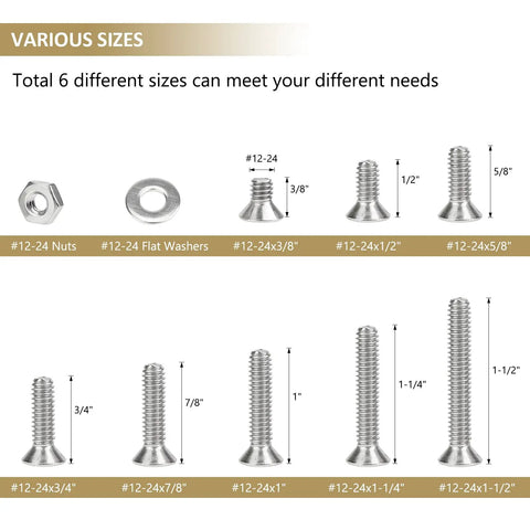 Various sizes of #12-24 Phillips countersunk screws, washers, and nuts in 304 stainless steel for versatile fixes.