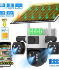 Kickass 4G Outdoor Security Camera With Triple Lens Setup And Smart Panoramic Tracking Solar Driven For Nonstop Yard Patrols No Wifi Bills Just Pop A Sim Card And Get It Done, features solar panel, motion sensors, and a viewing app.