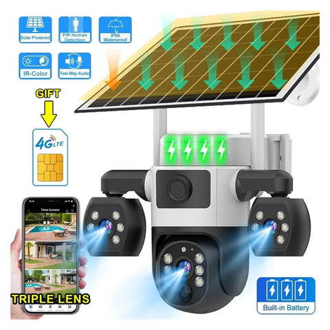 Kickass 4G Outdoor Security Camera With Triple Lens Setup And Smart Panoramic Tracking Solar Driven For Nonstop Yard Patrols No Wifi Bills Just Pop A Sim Card And Get It Done, features solar panel, motion sensors, and a viewing app.