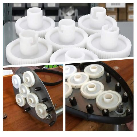 Replacement Gear Set For A Series Upright Glass Washer 6 Pack White Plastic Gears installed in machine view
