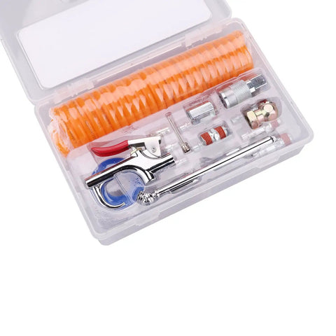 One Quarter Inch NPT Air Accessory Kit With Fifteen Foot PU Coil Hose Twenty Piece Tool Set Includes Blow Gun, tire gauge, connectors in case