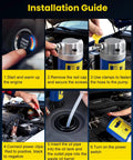 Installation steps for 12V 100W electric oil change pump with three hoses and adapters, demonstrating engine start and hose connection.