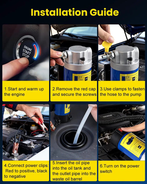 Installation steps for 12V 100W electric oil change pump with three hoses and adapters, demonstrating engine start and hose connection.
