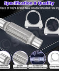 Heavy Duty Universal Stainless Steel Exhaust Flex Pipe Kit with dual braided design and U bolt clamps overview