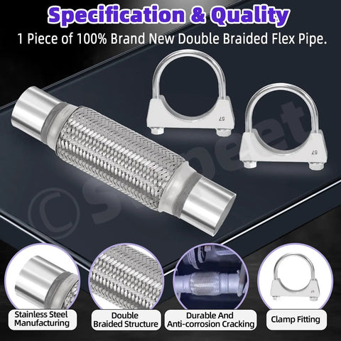 Heavy Duty Universal Stainless Steel Exhaust Flex Pipe Kit with dual braided design and U bolt clamps overview