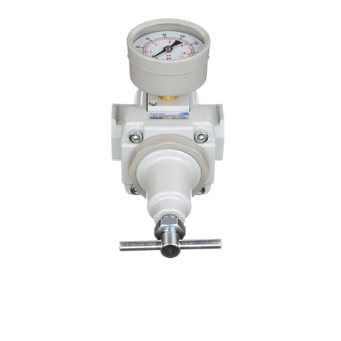 Front view of SAR400T-N04BG 1/2 Inch NPT Compressed Air Regulator With T Handle, Gauge And Bracket, Relieving Knob Control