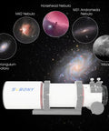Image of a telescope with Camera Angle Adjuster For SV550 80mm F6 Scope, 360 Degree Rotator with M63 Thread, showing nebulae and moon.