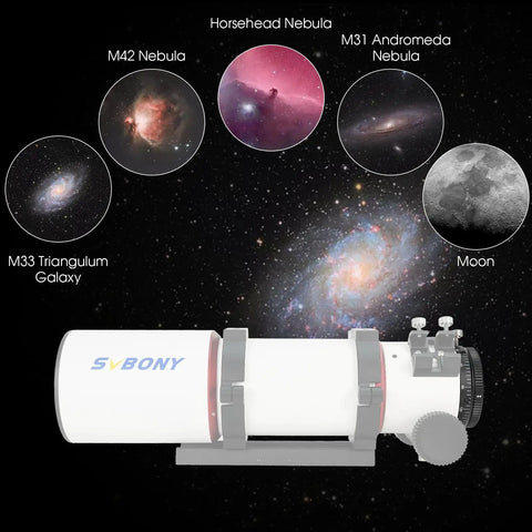 Image of a telescope with Camera Angle Adjuster For SV550 80mm F6 Scope, 360 Degree Rotator with M63 Thread, showing nebulae and moon.
