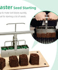Easy To Use Soil Blocker With Comfortable Handle, 4 cell 2 inch block maker in use, creating uniform soil blocks for germination.